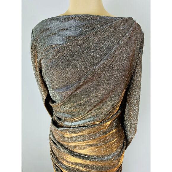 Betsey & Adam Size 14 Cape Sleeve Drape Metallic Evening Gown Taupe Modest $258 - Picture 3 of 14